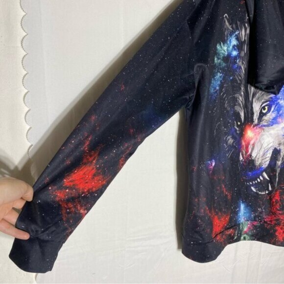 Black Red Multicolour Wolf Galaxy Hoodie XL - Picture 10 of 15